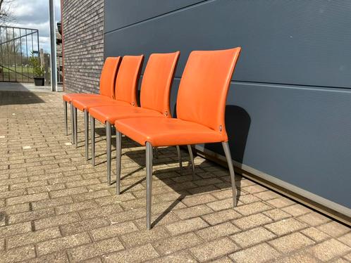 4x Jori Mikono eetkamerstoelen, oranje leder Topstaat!! Zgan, Huis en Inrichting, Stoelen, Ophalen of Verzenden