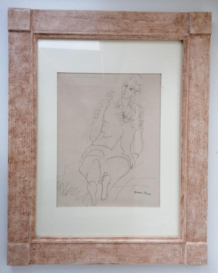 Potloodtekening op papier - Zittende jonge vrouw, Antiek en Kunst, Kunst | Tekeningen en Fotografie, Ophalen of Verzenden