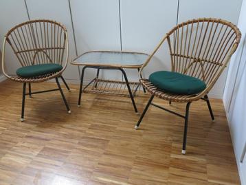 Vintage rotan stoelenset Rohe Noordwolde + tafel beschikbaar voor biedingen