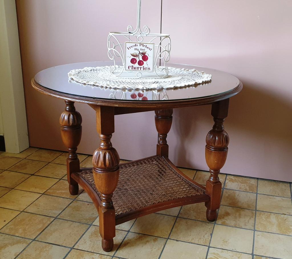 Table de Salon ronde et basse en Chêne Foncé avec vitre, Chêne, Enlèvement, Utilisé, 50 à 100 cm