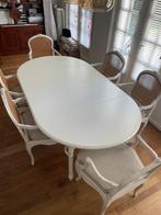 Franse brocante eettafel en 8 stoelen (nieuwe linen kussens), Ophalen, Nieuw, 6 tot 8 stoelen