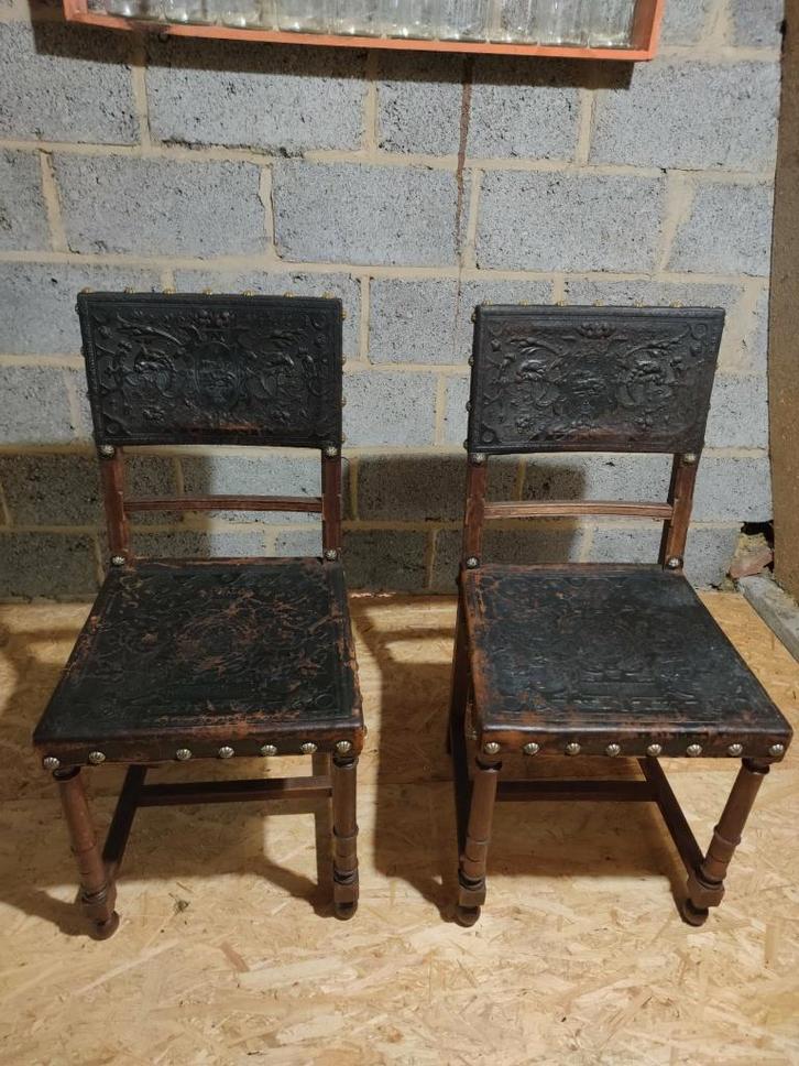 Antieke stoelen 6 stukken, Huis en Inrichting, Stoelen, Gebruikt, Vijf, Zes of meer stoelen, Hout, Leer, Bruin, Ophalen