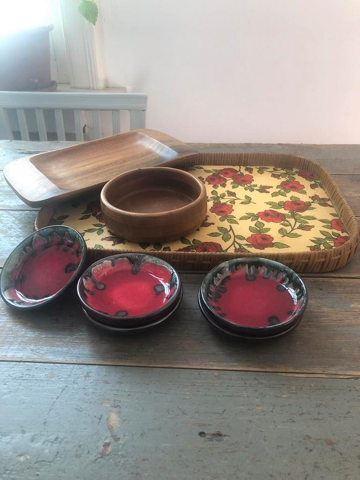 VINTAGE RETRO DIENBLAD HOUTEN KOM SCHAAL HANDGEMAAKTE SET, Verzamelen, Retro, Huis en Inrichting, Ophalen of Verzenden