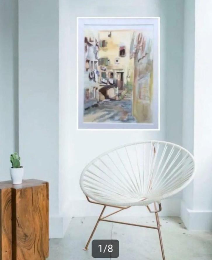 Aquarel v Napoletaans straatje ingelijst- H. Clerckx, Antiek en Kunst, Kunst | Tekeningen en Fotografie, Ophalen of Verzenden