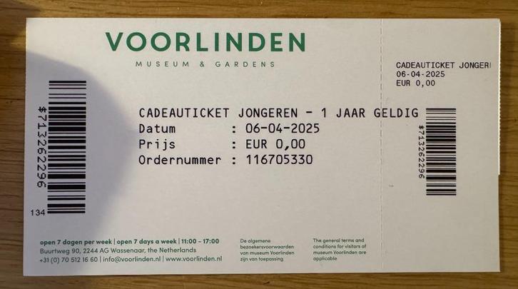 museum Voorlinden 2 toegangstickets jongere, Tickets en Kaartjes, Musea, Twee personen, Ticket of Toegangskaart