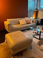 Lederen zetel en poef in wit leder, Huis en Inrichting, Zetels | Voetbanken en poefs, Ophalen, Gebruikt, 125 cm of meer, Leer