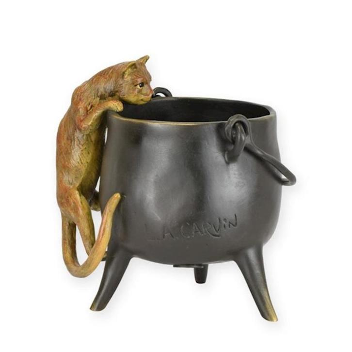 Une statue en bronze d'un chat grimpant dans un pot, Antiquités & Art, Antiquités | Bronze & Cuivre, Bronze, Envoi