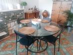 Table à manger en verre et fer forgé (handmade), Comme neuf, Métal, Factory, 100 à 150 cm