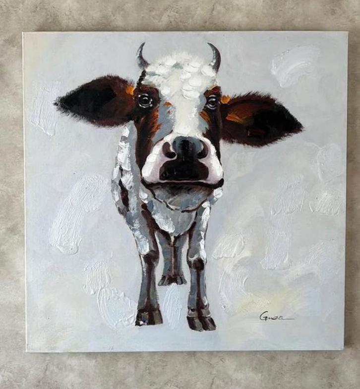 Schilderij van koe op linnen 100x100, Antiek en Kunst, Kunst | Schilderijen | Klassiek, Ophalen