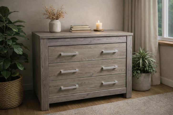 Moderne ladekast / commode – houtlook grijs, Huis en Inrichting, Kasten | Dressoirs, Zo goed als nieuw, Ophalen