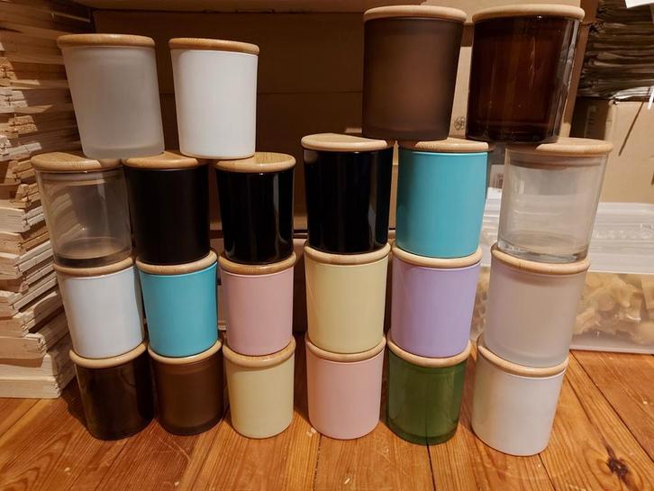 64 Kaars houder bamboe deksel potjes met deksel houten lont, Huis en Inrichting, Woonaccessoires | Kandelaars en Kaarsen, Zo goed als nieuw