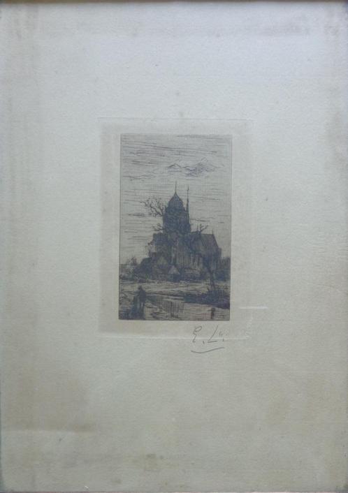 EUGENE LAERMANS / L'EGLISE / ZW-W ETS / 41x32cm / KADER MONO, Antiek en Kunst, Kunst | Litho's en Zeefdrukken, Ophalen of Verzenden