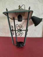 Vintage smeedijzeren hanglamp, zwart/turqoise., Ophalen of Verzenden