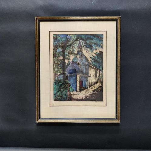 Alfred Pietercelie - chapelle bleue - gravure couleur assez, Antiquités & Art, Art | Eaux-fortes & Gravures, Enlèvement ou Envoi