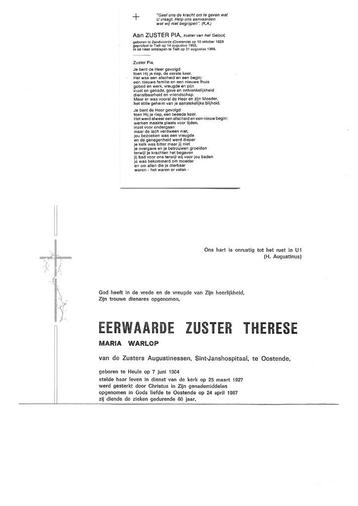 Doods-/Bid-/Rouwprentje + Rouwbrief Eerwaarde Zusters. beschikbaar voor biedingen