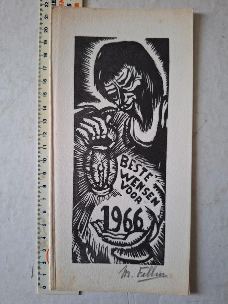 Houtsnede met nieuwjaarswensen Maurice Felbier, Antiek en Kunst, Kunst | Etsen en Gravures, Ophalen of Verzenden