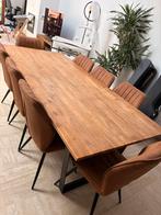 Massief houten tafel + 8 stoelen (daim leder), Huis en Inrichting, Ophalen, Gebruikt, 150 tot 200 cm, 200 cm of meer