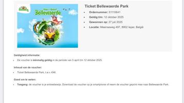 Billet pour le parc Bellewaerde, Une personne, Ticket ou Carte d'accès