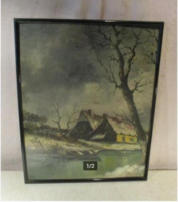Mooi Geschilderd Werk 'Hoeve en rivier in Winter' - 51x41 beschikbaar voor biedingen