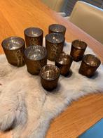 9 glazen kaarsenpotjes in bruine tinten, Enlèvement, Comme neuf