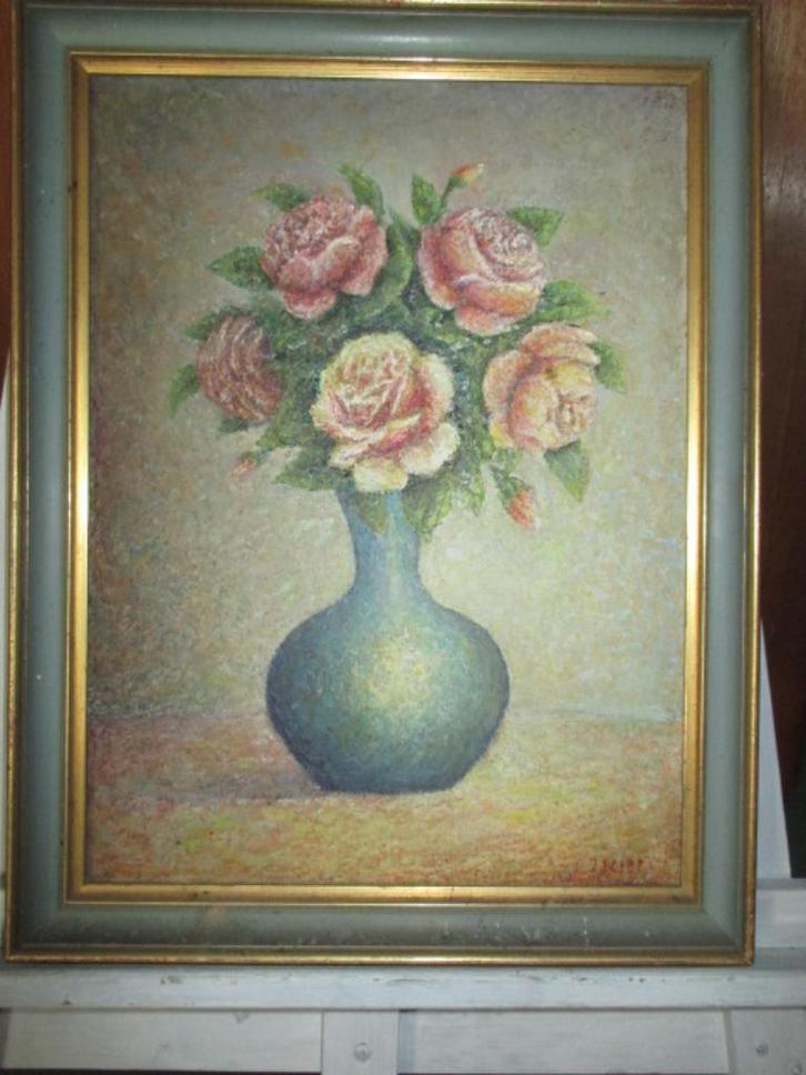Schilderij van bolle vaas met roze rozen, Antiek en Kunst, Kunst | Schilderijen | Klassiek, Ophalen of Verzenden
