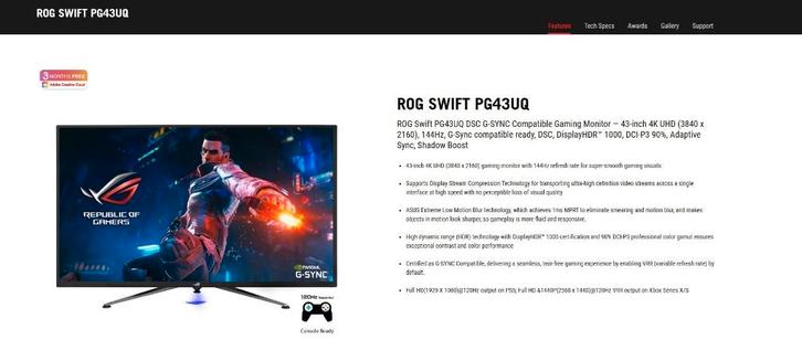 Asus ROG Swift PG43UQ Gaming 4k 144hz., Computers en Software, Monitoren, Gebruikt, 101 t/m 150 Hz, DisplayPort, Gaming, Ingebouwde speakers