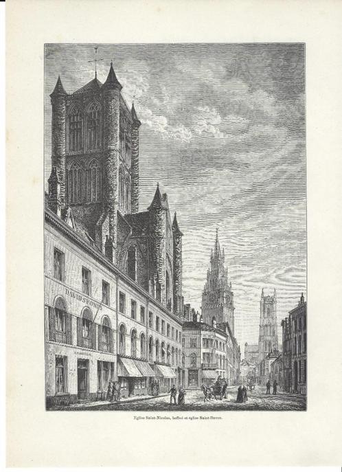 1880 - Gent - Belfort, Sint-Nicolaaskerk & Sint-Baafs, Antiquités & Art, Art | Eaux-fortes & Gravures, Enlèvement ou Envoi
