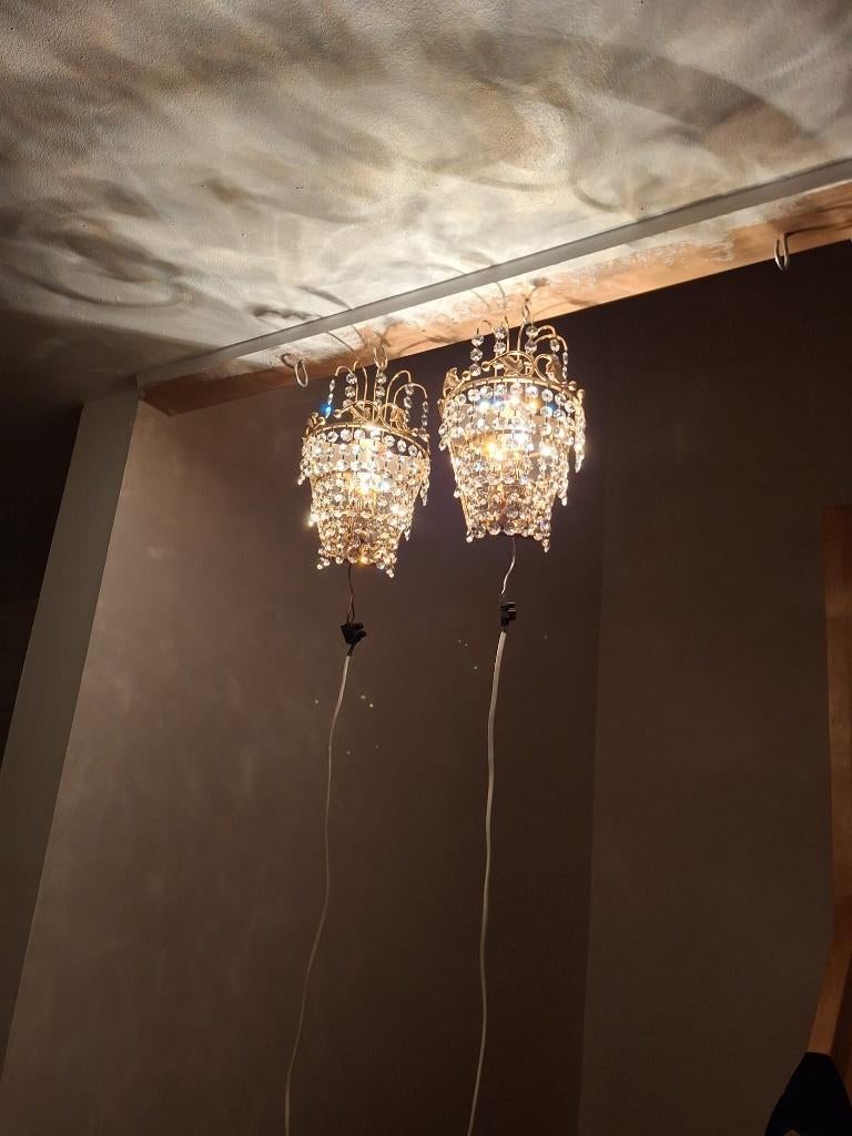 Twee identieke en antieke wandlampen, Huis en Inrichting, Lampen | Wandlampen, Zo goed als nieuw, Glas, Metaal, Ophalen