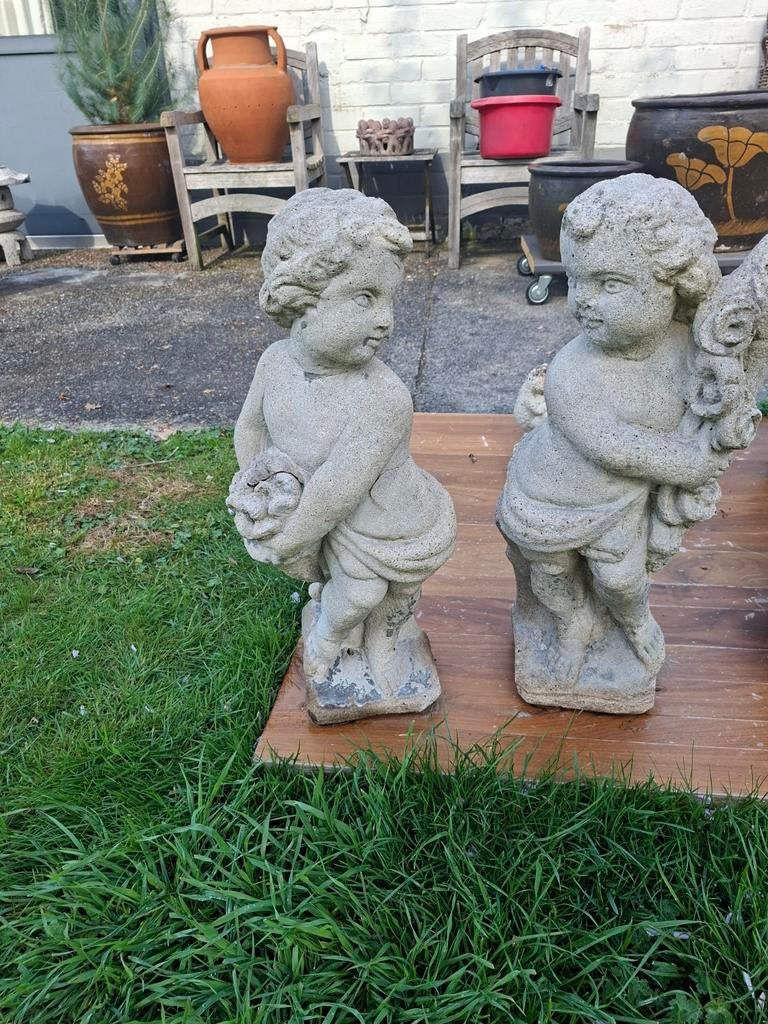 2 Set van 2 stenen cherubijnen beelden voor tuin/decoratie, Enlèvement, Pierre