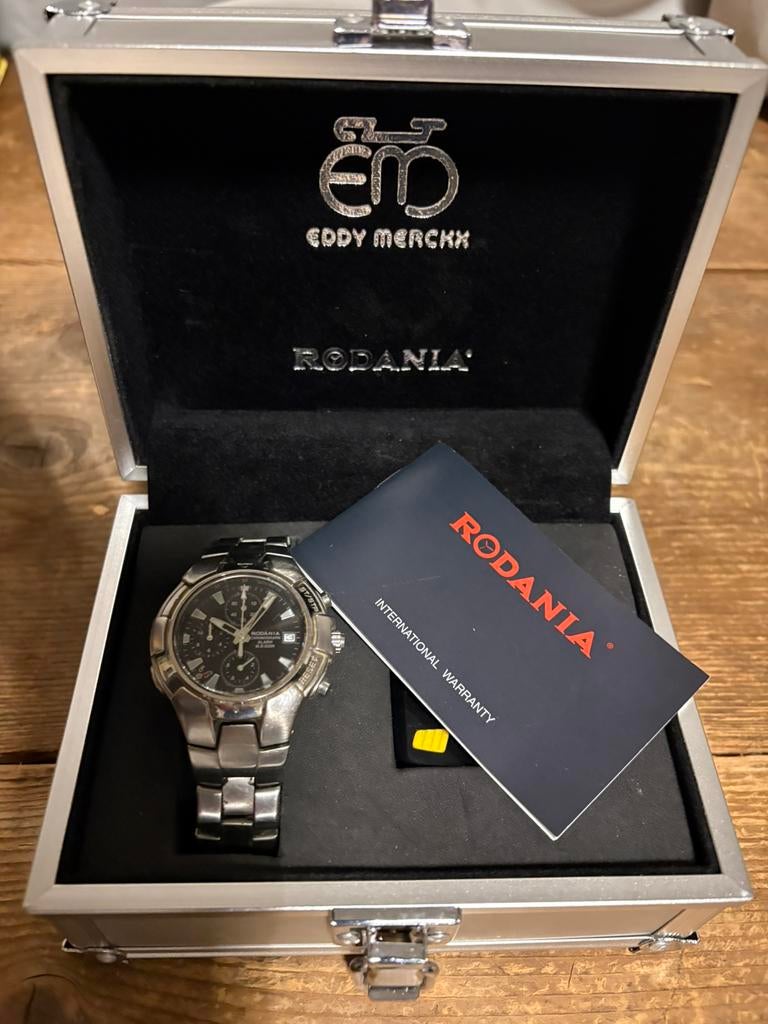 Montre vintage Rodania chrono édition Eddy Merckx 2002, Montre-bracelet, Autres marques, Enlèvement ou Envoi, Acier