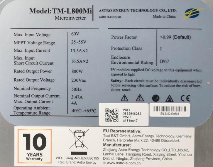 Astro-Energy Technology Microinverter TM-L800Mi, Bricolage & Construction, Panneaux solaires & Accessoires, Neuf, Système complet