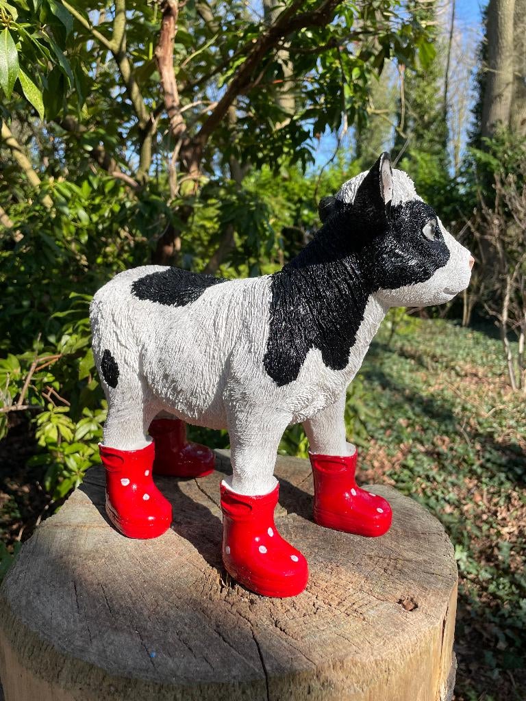 Kalf koe Rood regenlaarsjes tuin boerderij, Ophalen of Verzenden, Nieuw, Kunststof, Dierenbeeld