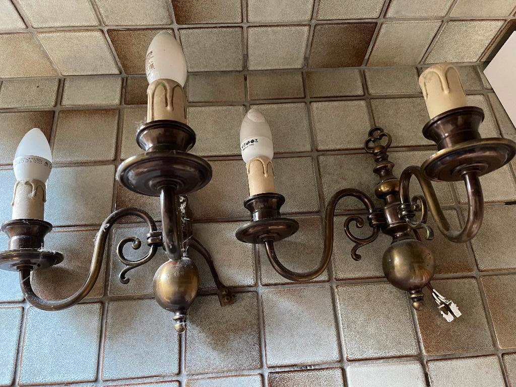 2 antieke koperen wandlampen 2 takken, Ophalen of Verzenden