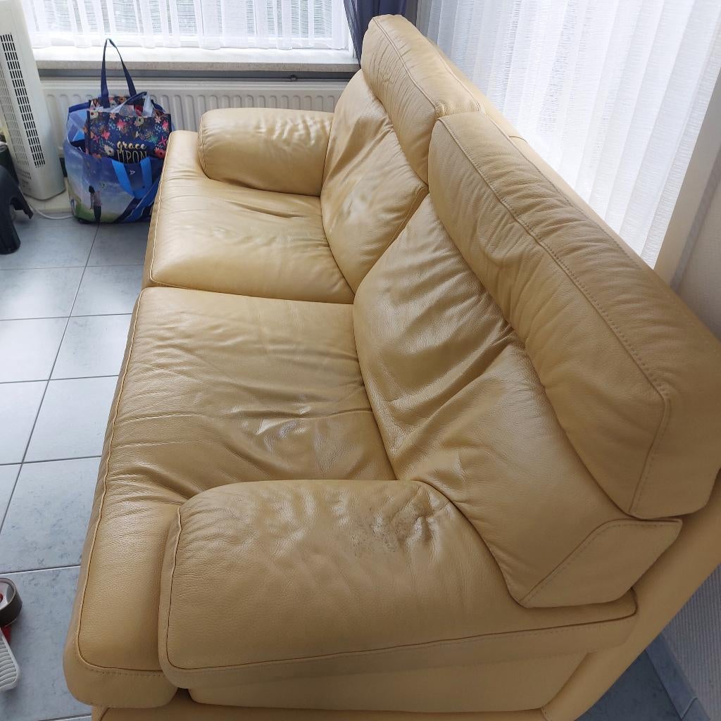 Gele lederen 3 zit zetel., Huis en Inrichting, Zetels | Zetels, Ophalen, Gebruikt, Driepersoons, Leer