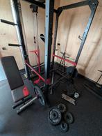 Volledige home gym setup: power rack, bank, gewichten, vloer, Sport en Fitness, Fitnessmaterialen, Ophalen, Gebruikt, Halterset