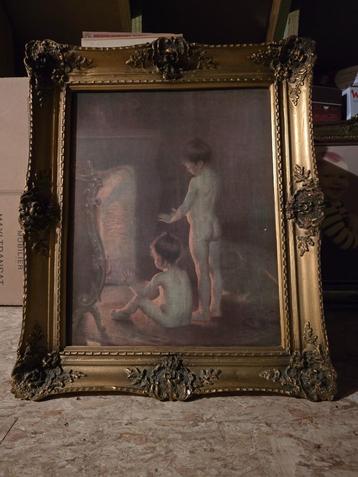 Schilderij twee kinderen aan open haard beschikbaar voor biedingen