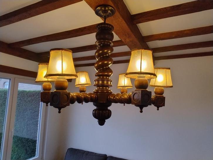 Authentieke Massief Houten Kroonluchter, Huis en Inrichting, Lampen | Hanglampen, Gebruikt, 50 tot 75 cm, Hout, Ophalen