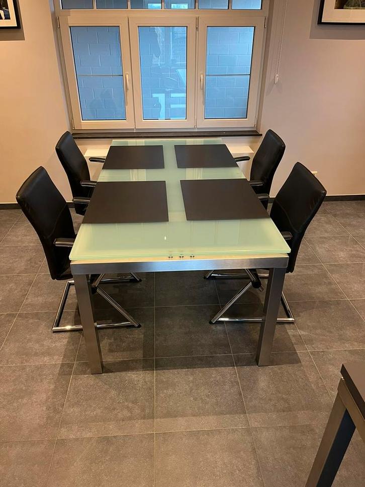 glazen tafel met inox onderstel, Huis en Inrichting, Tafels | Eettafels, Zo goed als nieuw, 50 tot 100 cm, 150 tot 200 cm, Vijf personen of meer