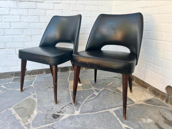Chaise vibtage des années 50 - 60, Maison & Meubles, Chaises, Utilisé, Deux, Bois, Cuir, Noir, Enlèvement