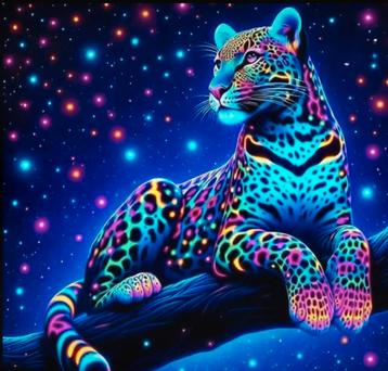 Diamond painting luipaard neon kleuren 50x50 ronde steentjes beschikbaar voor biedingen