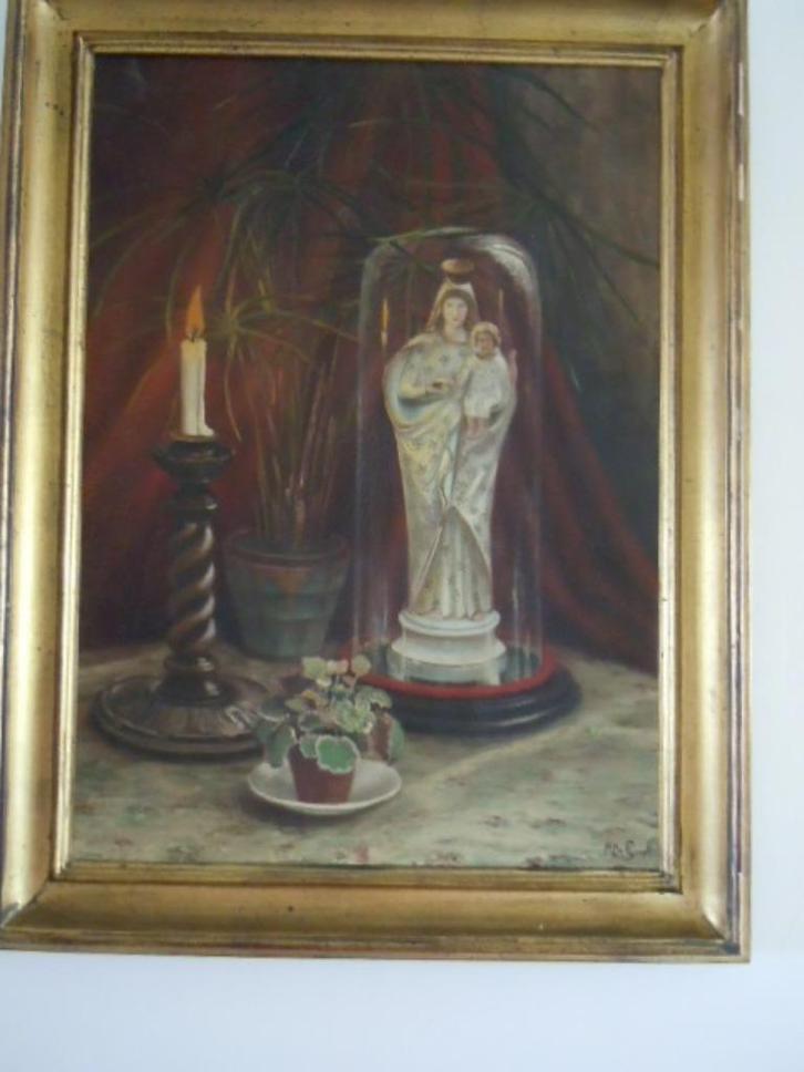 Schilderij Maria en Jezus onder stolp getekend M. De Greef, Antiek en Kunst, Kunst | Schilderijen | Klassiek, Ophalen