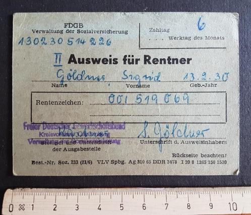 Ausweis für Rentner 1930 Sigrid Göldner FDGB, Verzamelen, Militaria | Tweede Wereldoorlog, Overige soorten, Overige typen, Verzenden