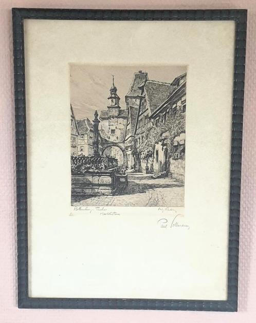 Gravure allemande de la tour Rothenburg signée Paul Sollmann, Antiquités & Art, Art | Eaux-fortes & Gravures, Enlèvement ou Envoi