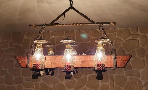 Lustre en bois massif & fer forgé, avec chaînes, 6 ampoules, Antiek en Kunst, Antiek | Verlichting, Ophalen