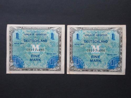 2 x 1 Mark 1944 Allemagne AMC [Numéro de série successif] XF, Timbres & Monnaies, Billets de banque | Europe | Billets non-euro