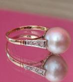 Antieke ring met grote Zuidzee parel en diamanten, certifica, Ophalen of Verzenden, Met edelsteen, Dame, Goud