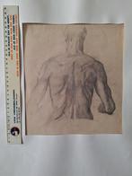 Potloodtekening oudere halfnaakte man ruggelings G. Minne, Antiek en Kunst, Ophalen of Verzenden