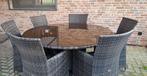 Tuintafel rond met glas en 6 stoelen+ kussens, Tuin en Terras, Ophalen, Gebruikt, 6 zitplaatsen, Wicker