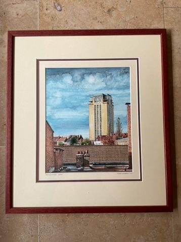 Ingekaderde aquarel boekentoren Gent Robert Smet beschikbaar voor biedingen