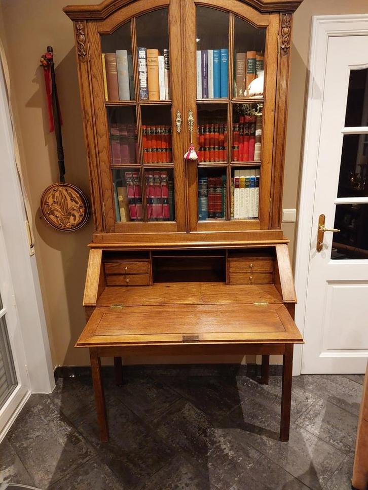 Antiek openklapbaar secretaire met glazen kast, Huis en Inrichting, Kasten | Secretaires, Zo goed als nieuw, Ophalen